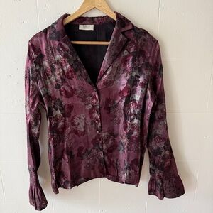 Vintage Floral Satin Blouse with Ruffled Cuffs